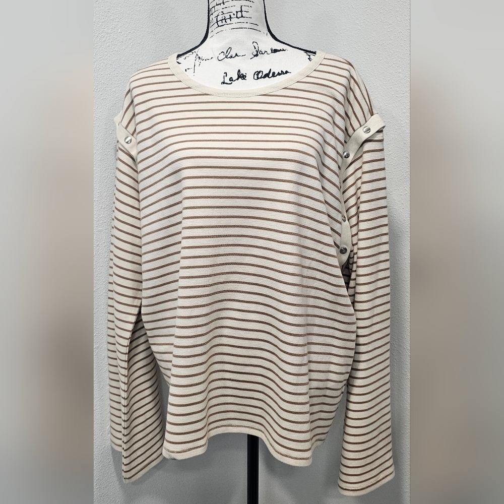 Maeve By Anthropologie Women's Slouchy Striped Long-Sleeve Tee Brown Size XL - Picture 2 of 13